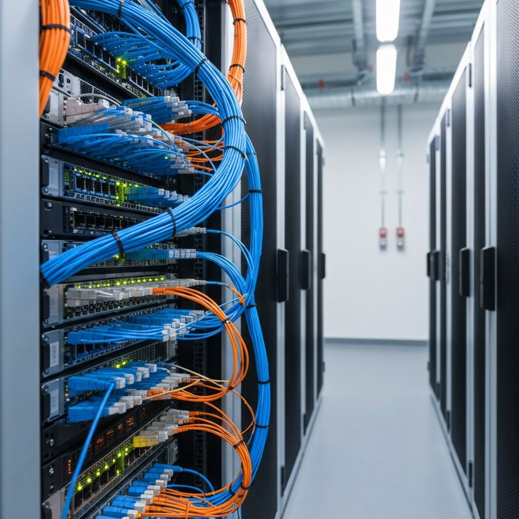 Enterprise data center infrastructure with structured cabling and server racks